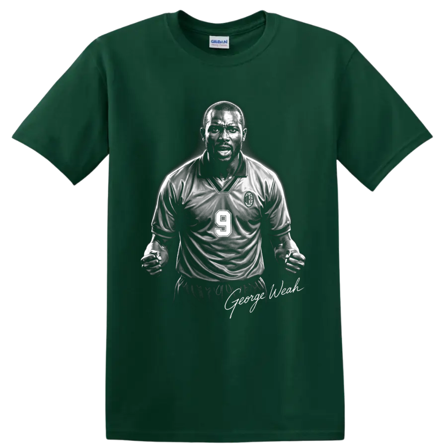 George Weah AC Milan number 9 monochrome soccer portrait with signature-style text on a Forest Green T Shirt