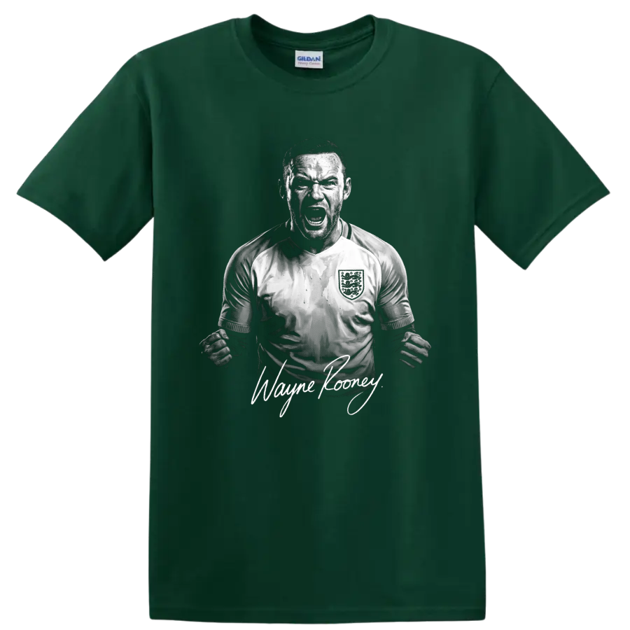 Wayne Rooney England soccer celebration portrait with signature-style name lettering on a Forest Green T Shirt