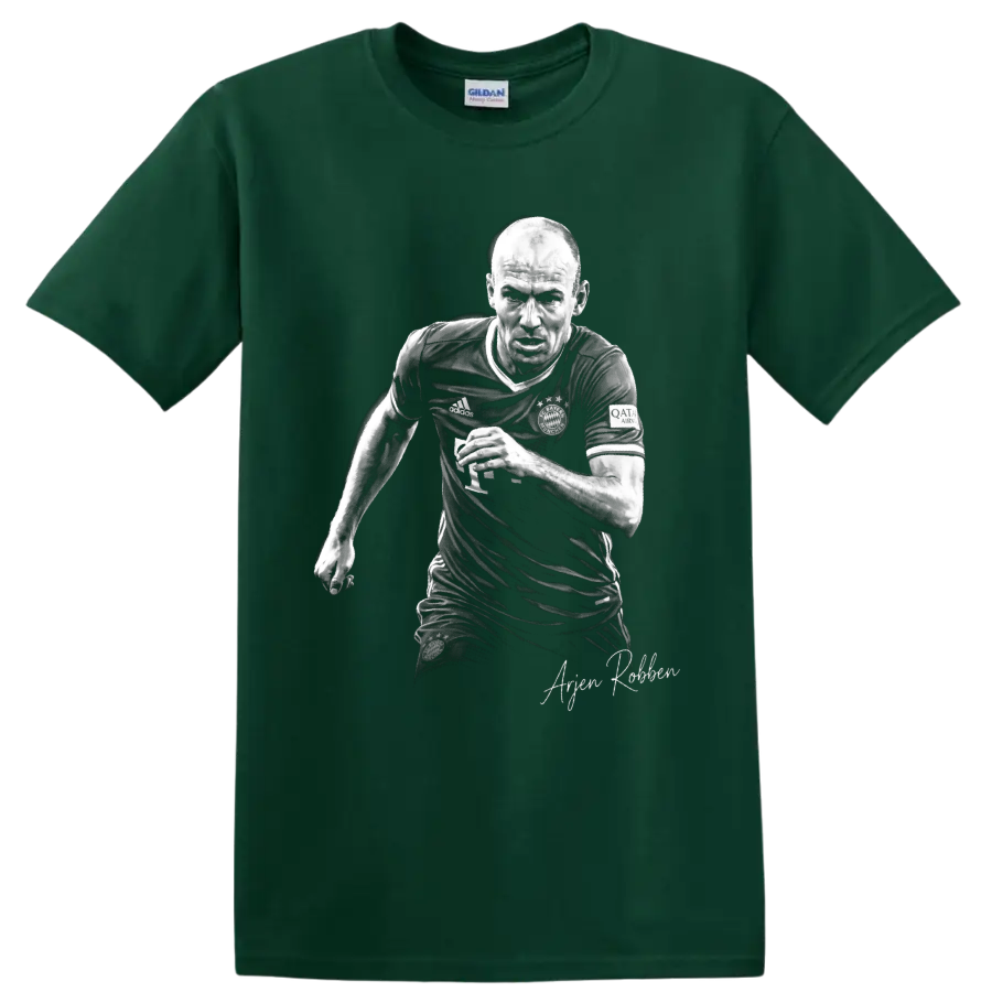 Arjen Robben running soccer portrait in monochrome with signature-style name on a Forest Green T Shirt