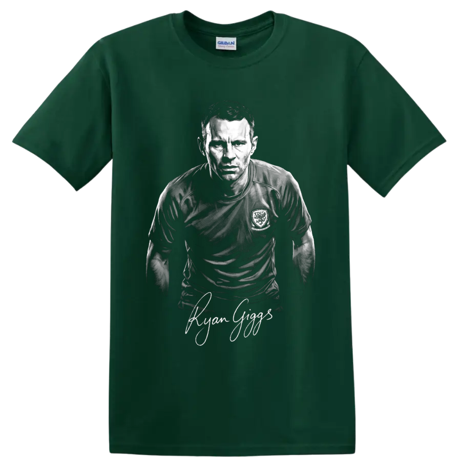 Ryan Giggs monochrome Welsh soccer player portrait with signature-style lettering on a Forest Green T Shirt