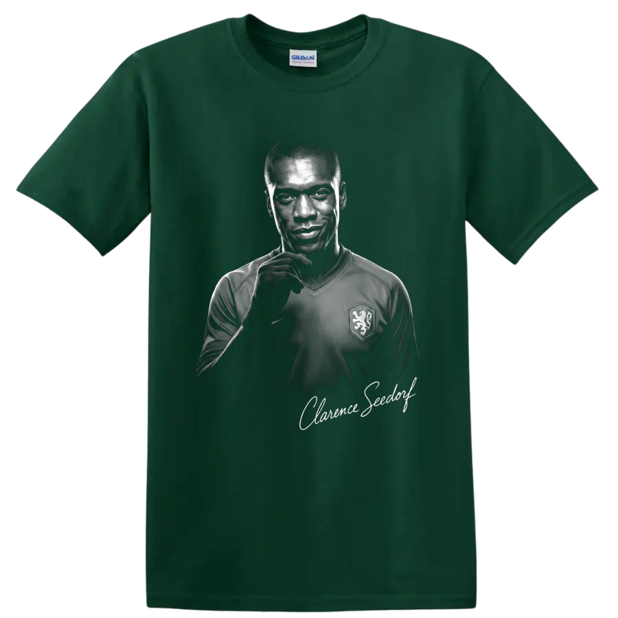 Clarence Seedorf Netherlands soccer portrait in high-contrast monochrome signature art on a Forest Green T Shirt