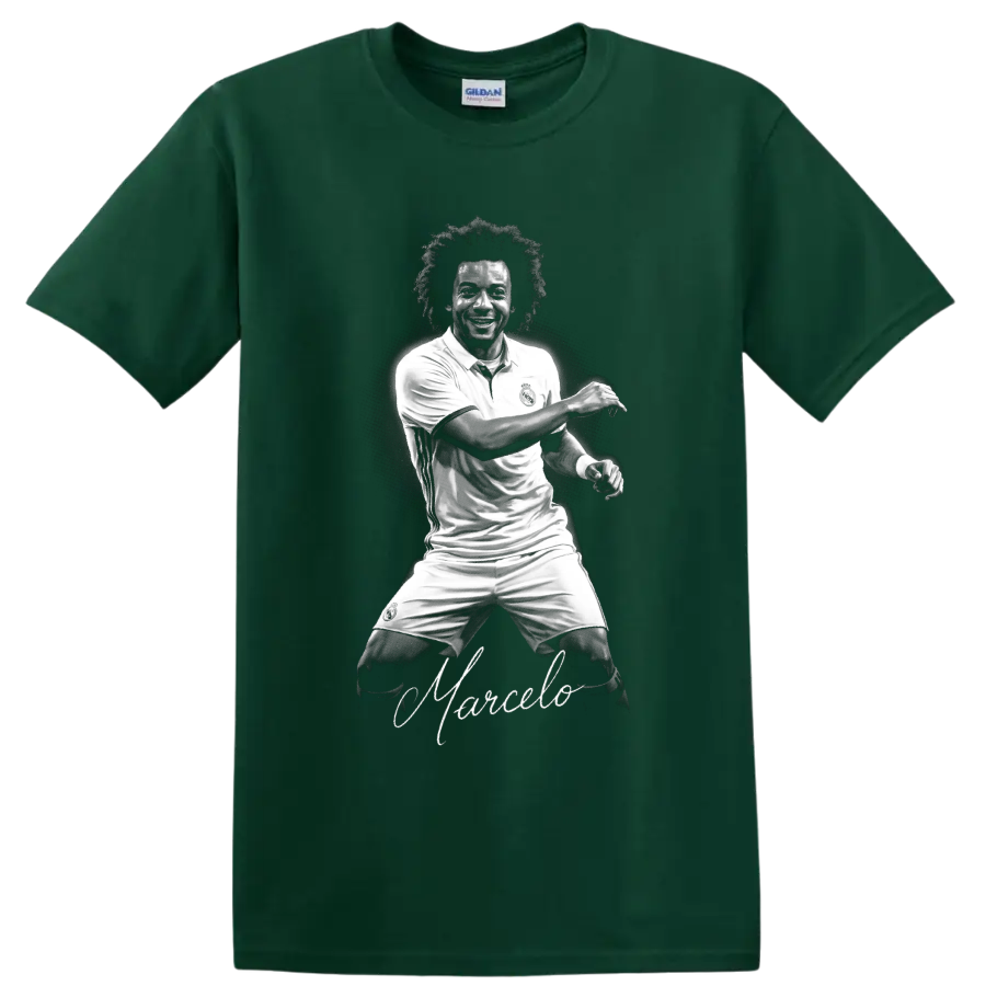 Marcelo Real Madrid soccer player monochrome portrait with signature-style Marcelo script on a Forest Green T Shirt