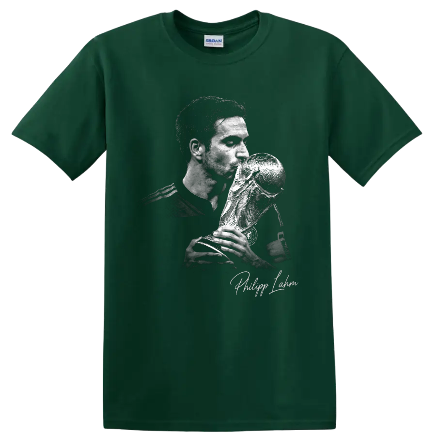 Philipp Lahm monochrome portrait kissing the World Cup trophy with signature text on a Forest Green T Shirt