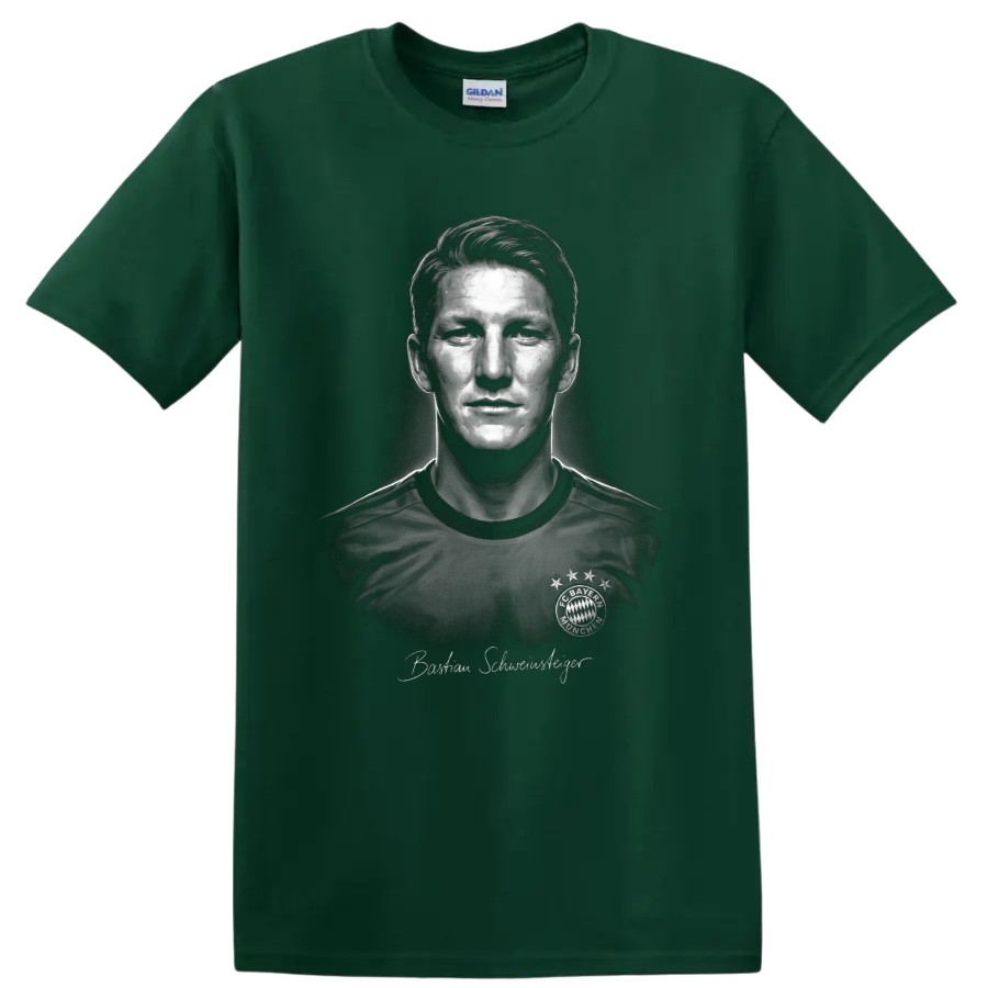 Bastian Schweinsteiger grayscale Bayern Munich soccer portrait with signature-style text on a Forest Green T Shirt
