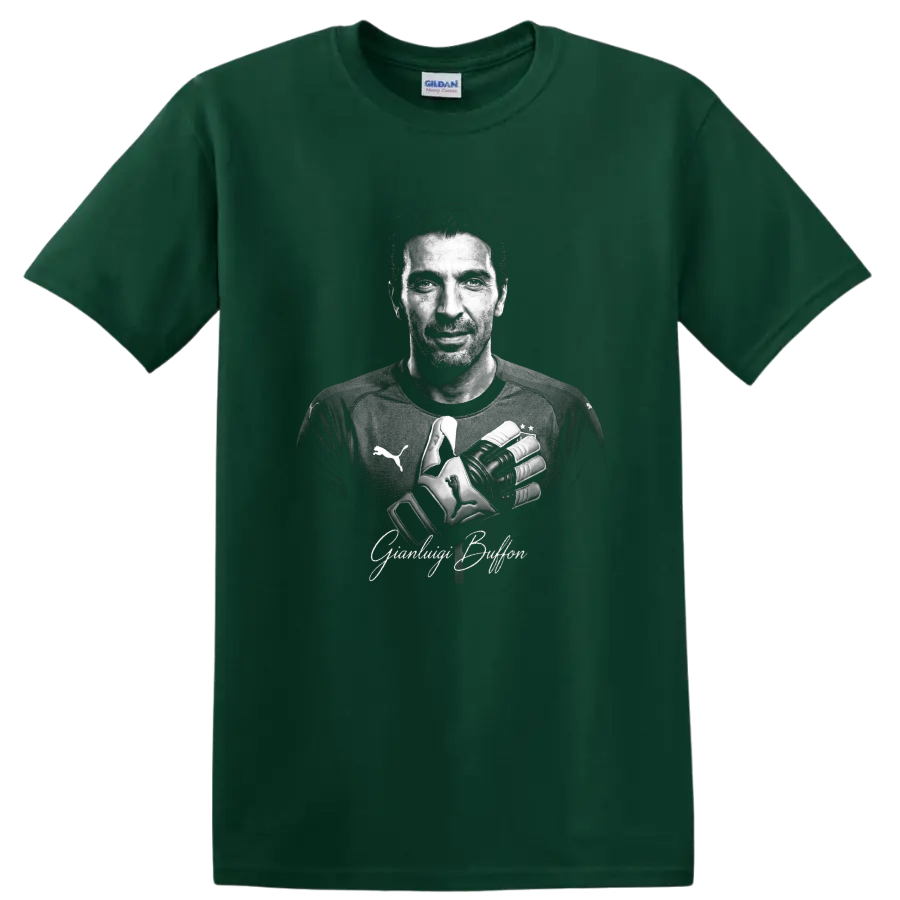 Gianluigi Buffon grayscale goalkeeper portrait with crossed gloves and signature lettering on a Forest Green T Shirt
