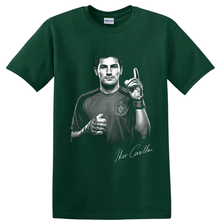 Iker Casillas grayscale goalkeeper portrait with gloves and signature-style lettering on a Forest Green T Shirt