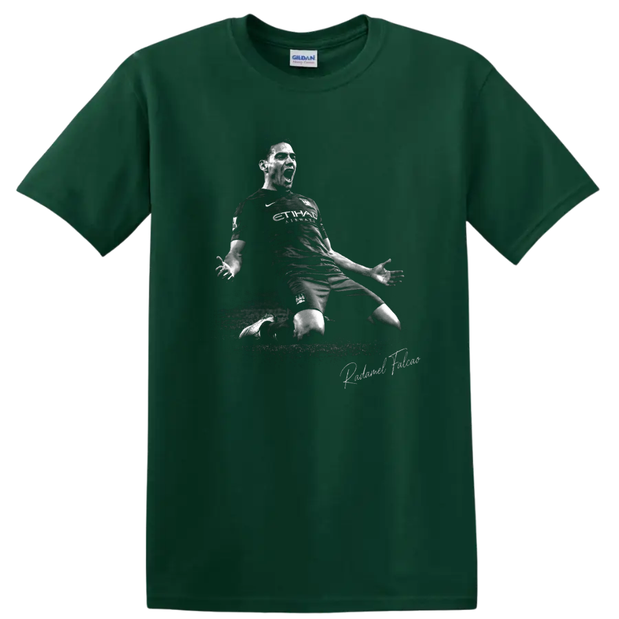 Radamel Falcao knee-slide soccer celebration in distressed black-and-white artwork on a Forest Green T Shirt