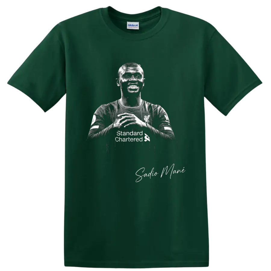 Sadio Mané Liverpool soccer portrait in high-contrast black-and-white with signature on a Forest Green T Shirt