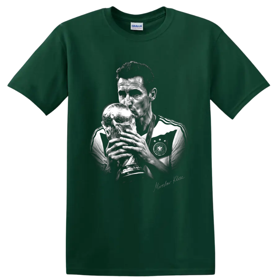 Miroslav Klose grayscale portrait kissing a trophy in a Germany soccer jersey on a Forest Green T Shirt