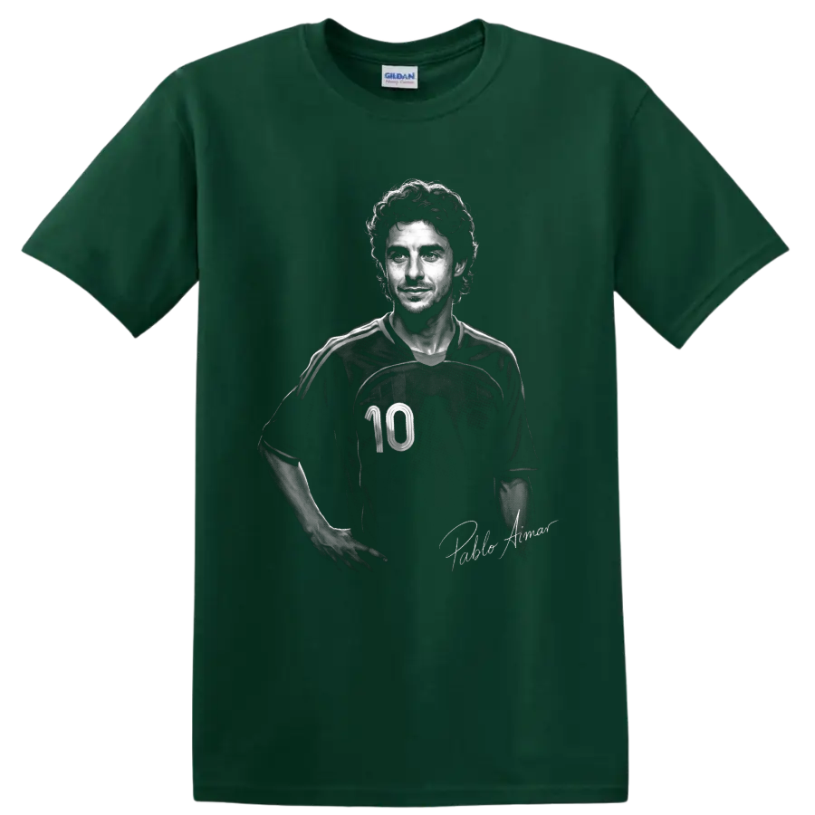 Pablo Aimar monochrome soccer portrait in number 10 jersey with signature-style text on a Forest Green T Shirt