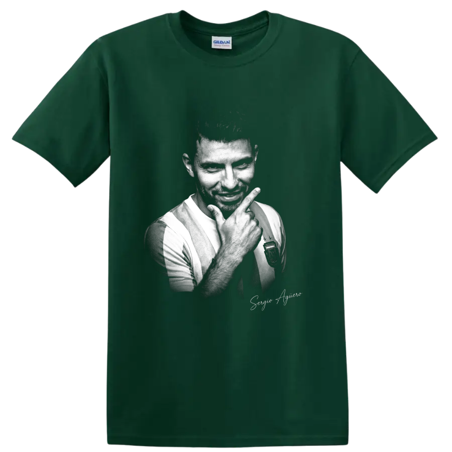 Sergio Agüero Argentina soccer portrait in vintage black-and-white graphic style on a Forest Green T Shirt