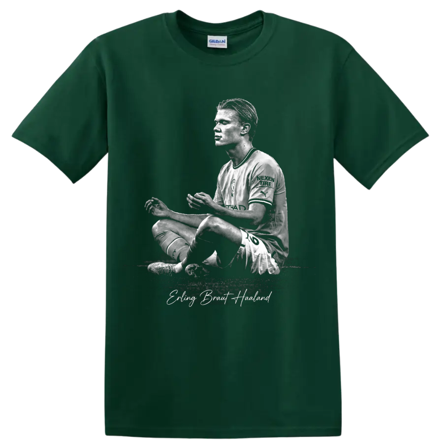 Erling Haaland grayscale seated soccer portrait with signature-style name text on a Forest Green T Shirt