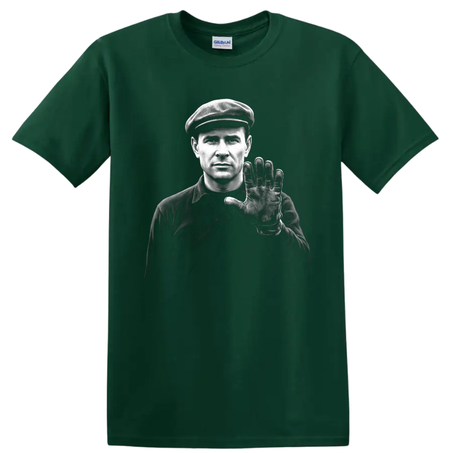 Lev Yashin monochrome goalkeeper portrait in cap with raised gloved hand on a Forest Green T Shirt