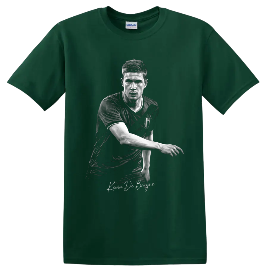 Kevin De Bruyne monochrome Belgium soccer portrait with signature-style lettering on a Forest Green T Shirt