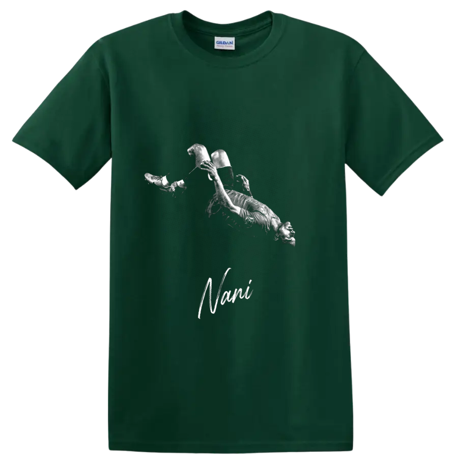 Nani performing a bicycle kick in distressed monochrome soccer artwork on a Forest Green T Shirt