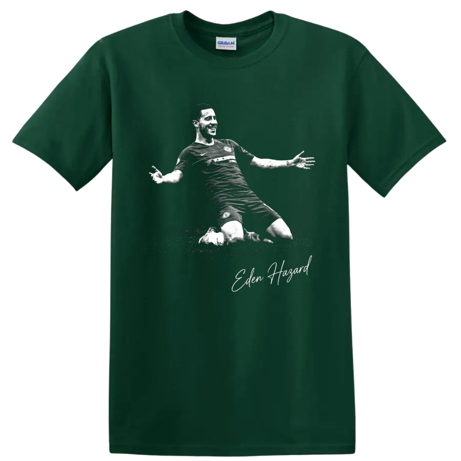 Eden Hazard knee-slide soccer celebration in distressed monochrome with signature detail on a Forest Green T Shirt