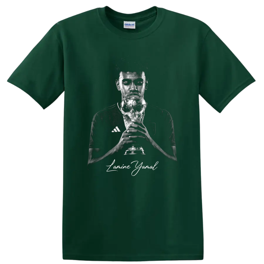 Lamine Yamal holding a championship trophy in distressed monochrome portrait art on a Forest Green T Shirt