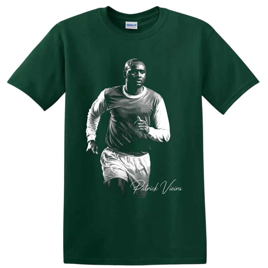 Patrick Vieira running soccer portrait in black-and-white with signature-style lettering on a Forest Green T Shirt