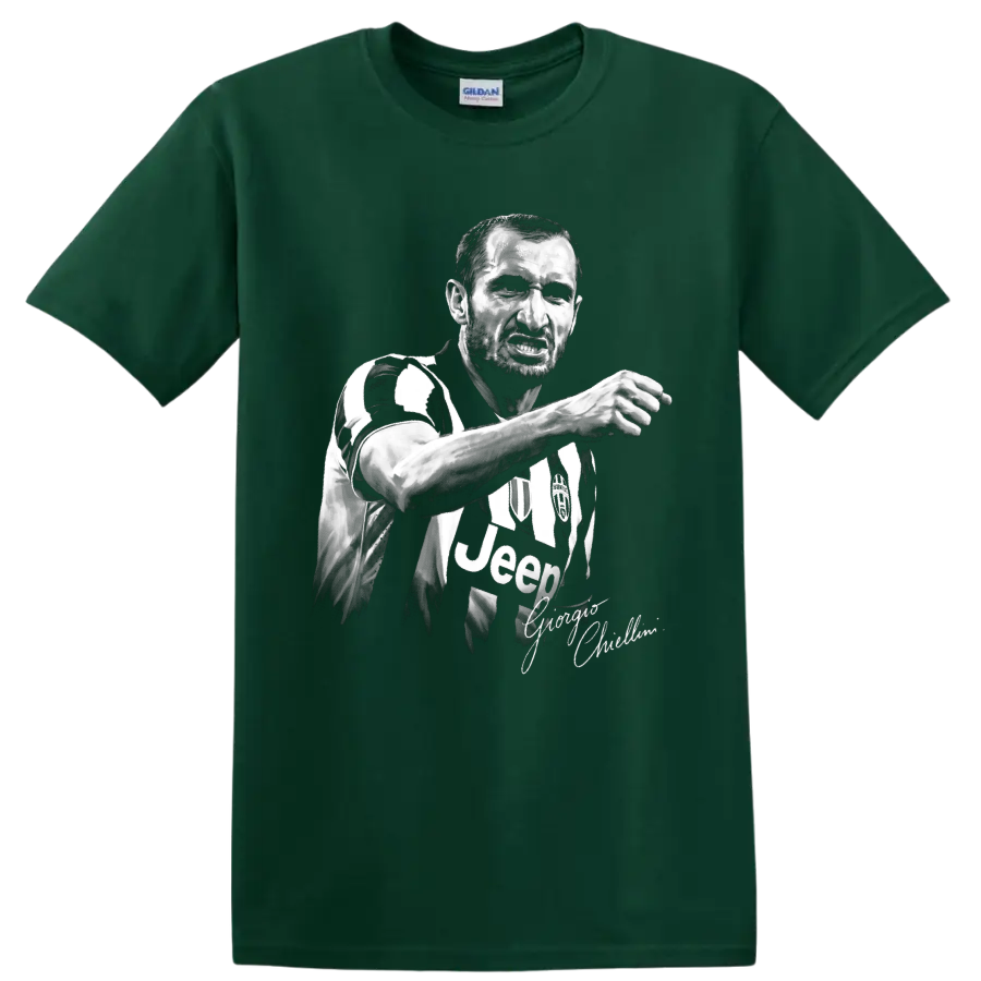 Giorgio Chiellini black-and-white Juventus defender portrait with signature-style script on a Forest Green T Shirt