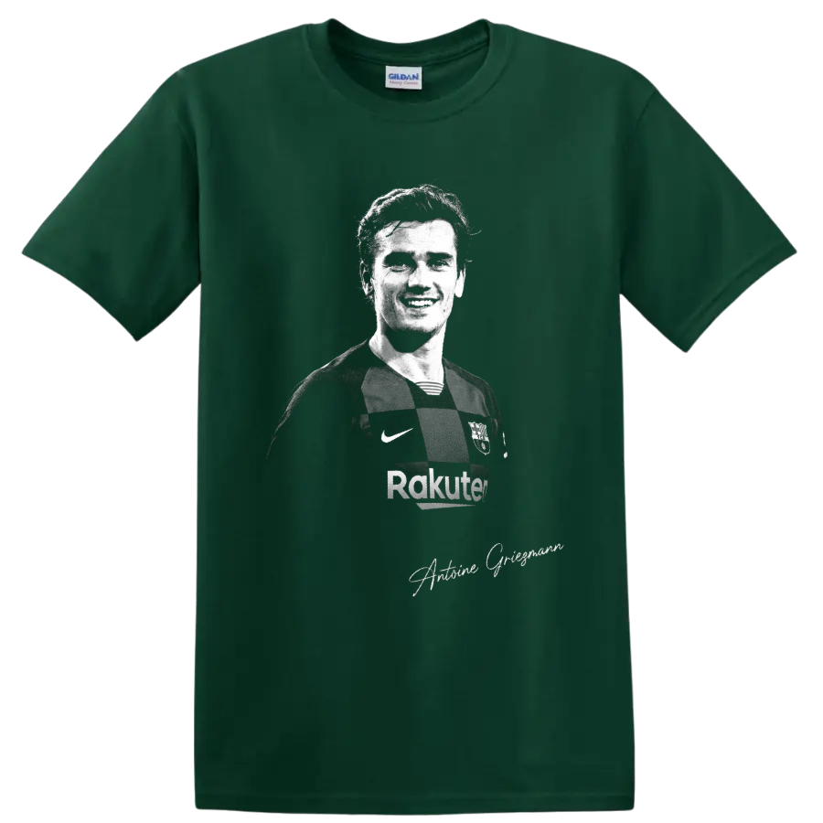 Antoine Griezmann monochrome soccer portrait in Barcelona jersey with signature script on a Forest Green T Shirt