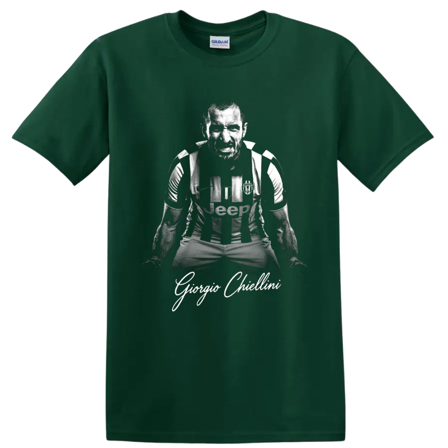 Giorgio Chiellini fierce monochrome Juventus defender portrait with signature-style text on a Forest Green T Shirt