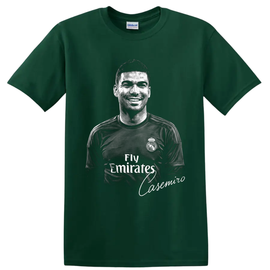 Monochrome Casemiro soccer player portrait with signature-style name accent on a Forest Green T Shirt