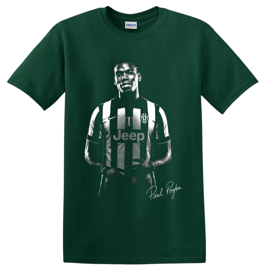 Paul Pogba Juventus striped jersey portrait in dramatic monochrome graphic style on a Forest Green T Shirt