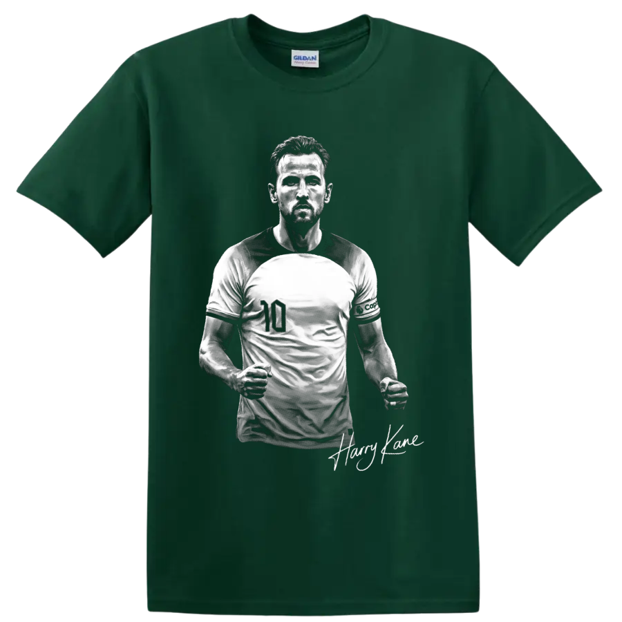 Harry Kane England soccer player portrait with number 10 jersey and signature detail on a Forest Green T Shirt