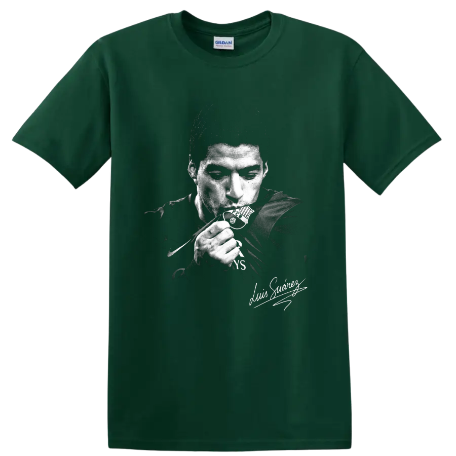 Luis Suárez distressed black-and-white soccer portrait with signature-style detail on a Forest Green T Shirt