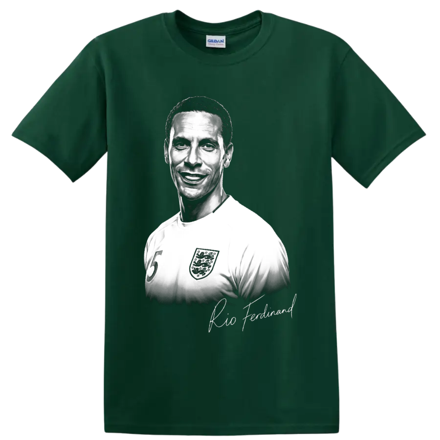 Rio Ferdinand England soccer number 5 portrait with signature-style lettering on a Forest Green T Shirt