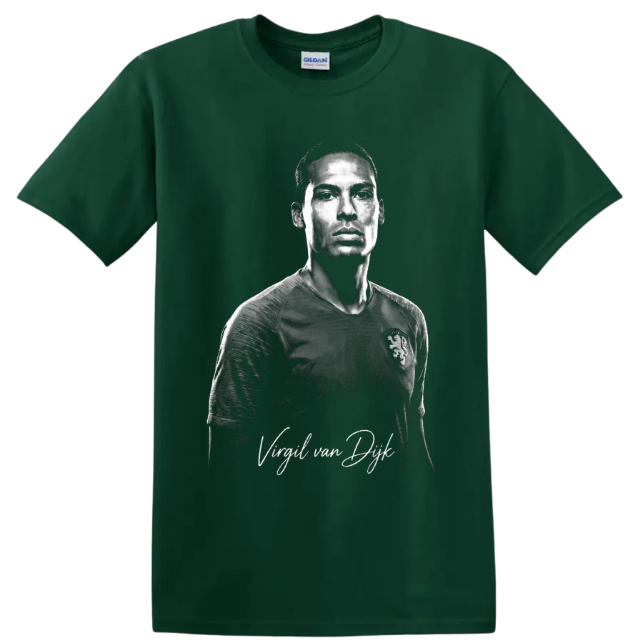 Monochrome illustrated portrait of Virgil van Dijk in a Netherlands soccer jersey on a Forest Green T Shirt