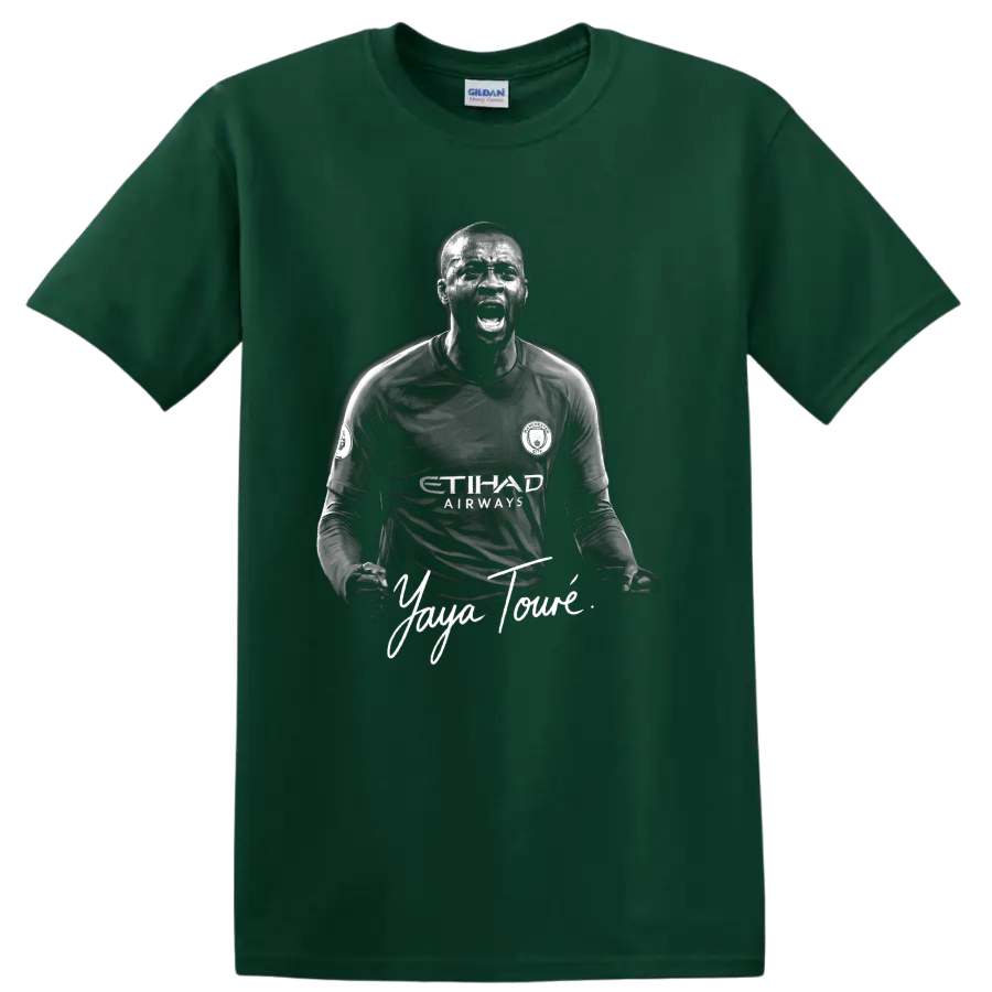 Yaya Touré Manchester City soccer portrait with signature-style lettering on a Forest Green T Shirt