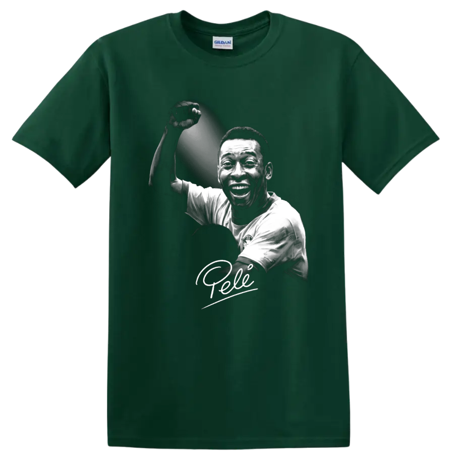 Pelé black-and-white soccer portrait with raised fist and signature-style script on a Forest Green T Shirt