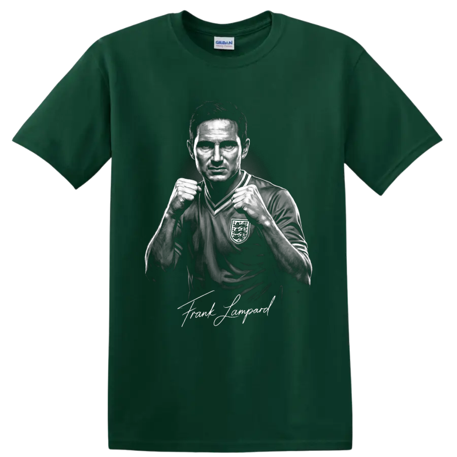 Frank Lampard England soccer portrait with raised fists and signature-style lettering on a Forest Green T Shirt