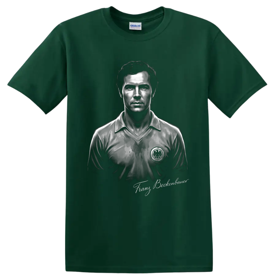 Monochrome Franz Beckenbauer soccer portrait with signature-style lettering on a Forest Green T Shirt