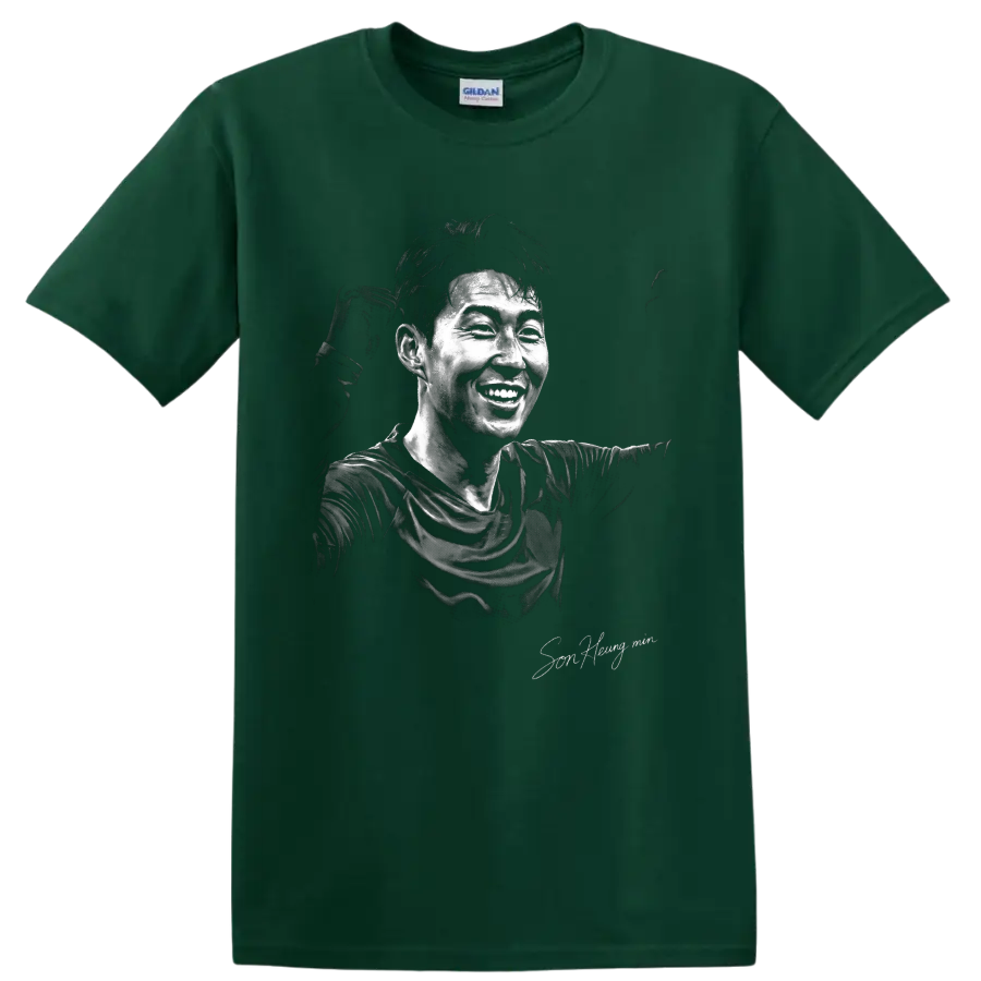 Son Heung-min smiling soccer portrait in high-contrast black-and-white illustration on a Forest Green T Shirt