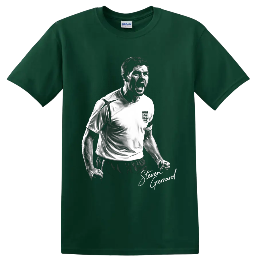 Steven Gerrard England soccer captain black-and-white celebration portrait with signature on a Forest Green T Shirt
