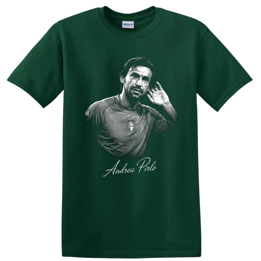 Andrea Pirlo Italy soccer portrait with raised-hand gesture and signature lettering on a Forest Green T Shirt