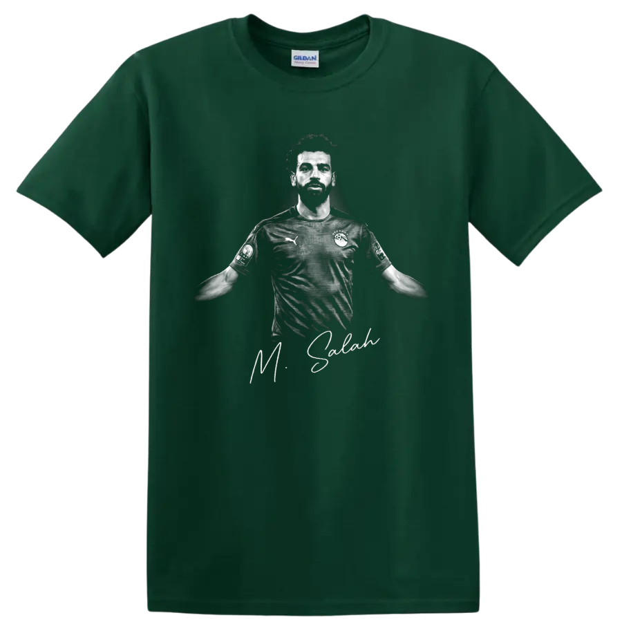 Mohamed Salah grayscale soccer portrait with signature-style lettering on a Forest Green T Shirt