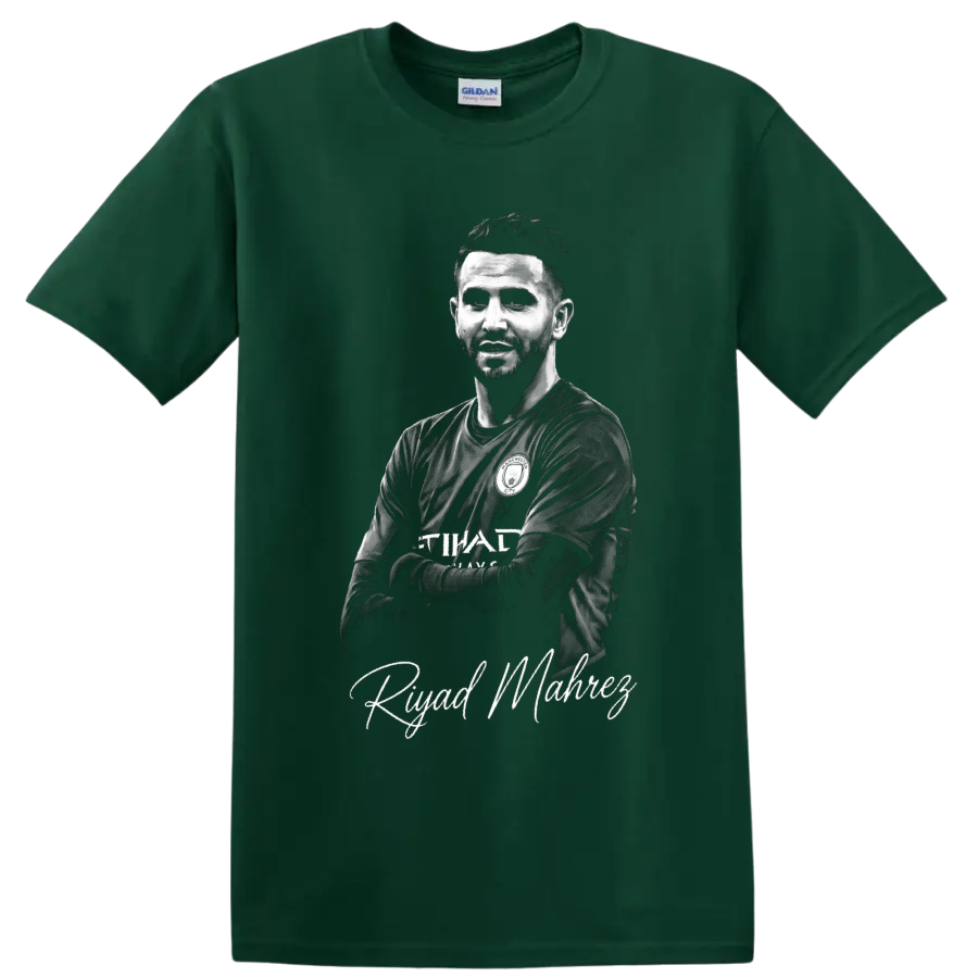 Riyad Mahrez monochrome soccer portrait with signature-style name lettering on a Forest Green T Shirt