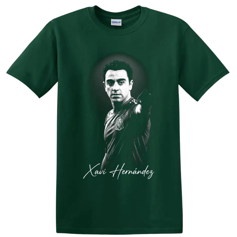 Xavi Hernández grayscale Spain soccer portrait with signature-style script on a Forest Green T Shirt
