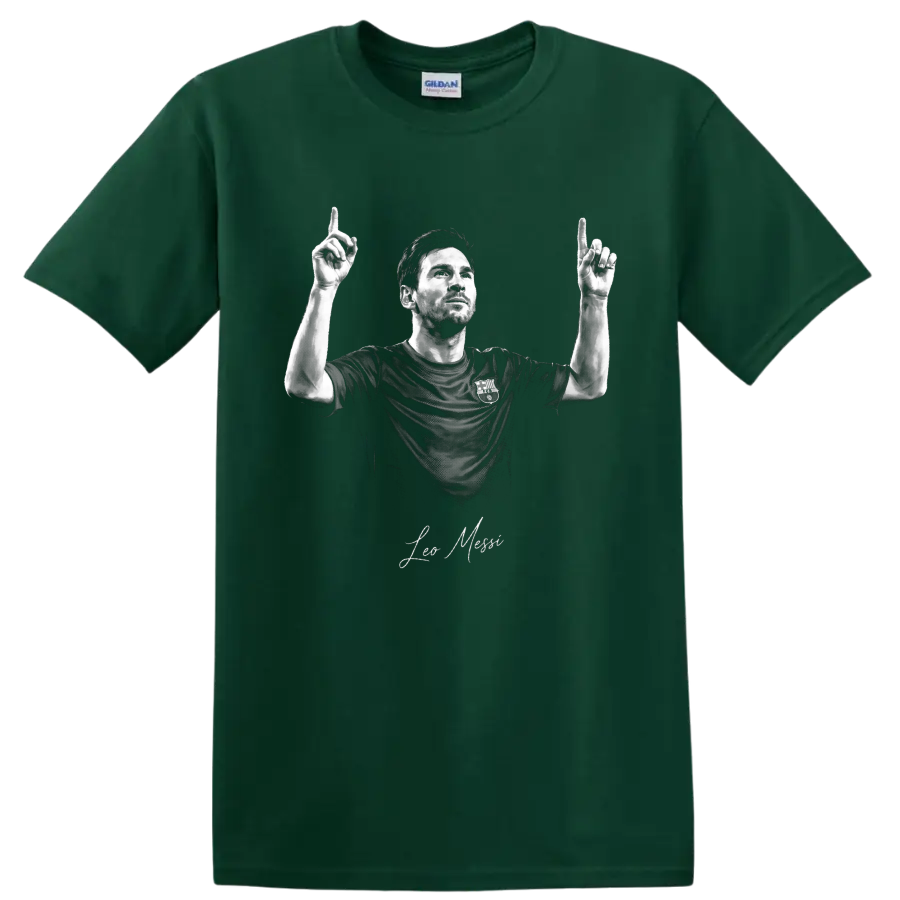 Lionel Messi monochrome soccer portrait with raised hands and signature-style lettering on a Forest Green T Shirt