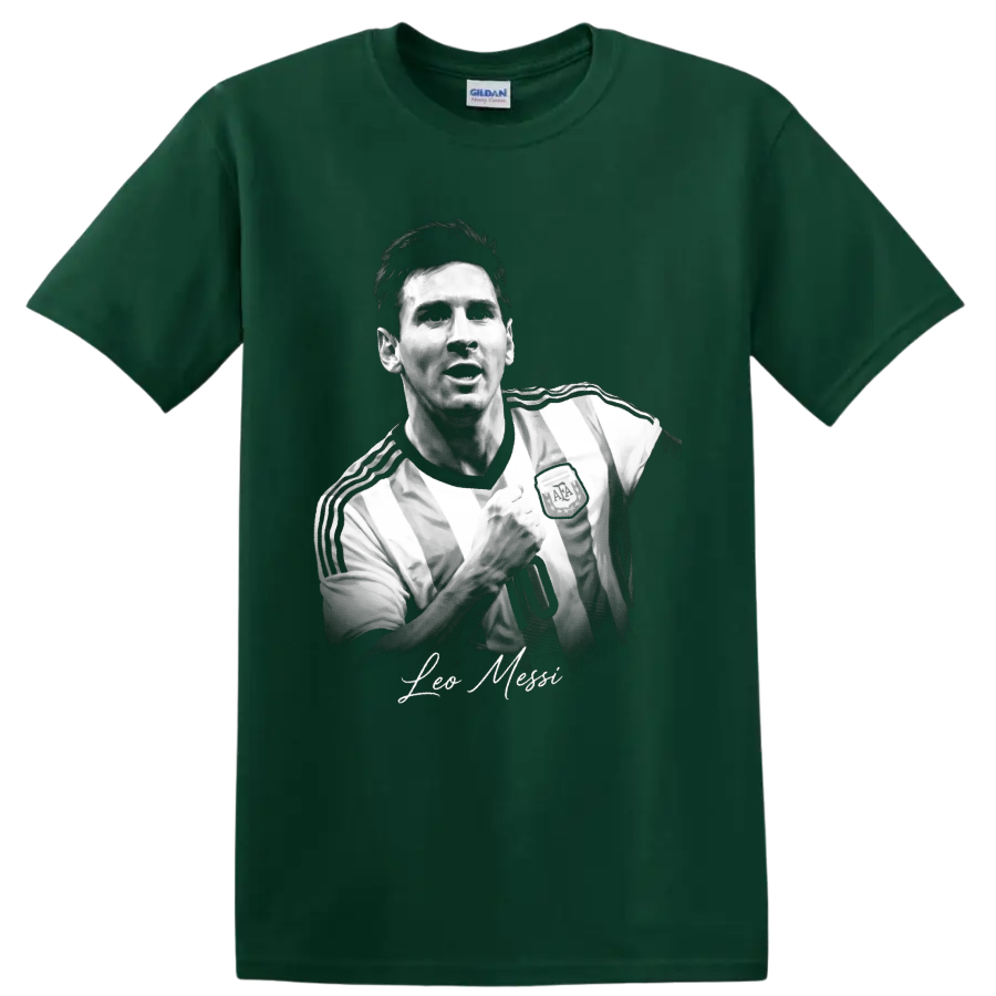 Lionel Messi Argentina soccer portrait with raised fist and signature-style name on a Forest Green T Shirt