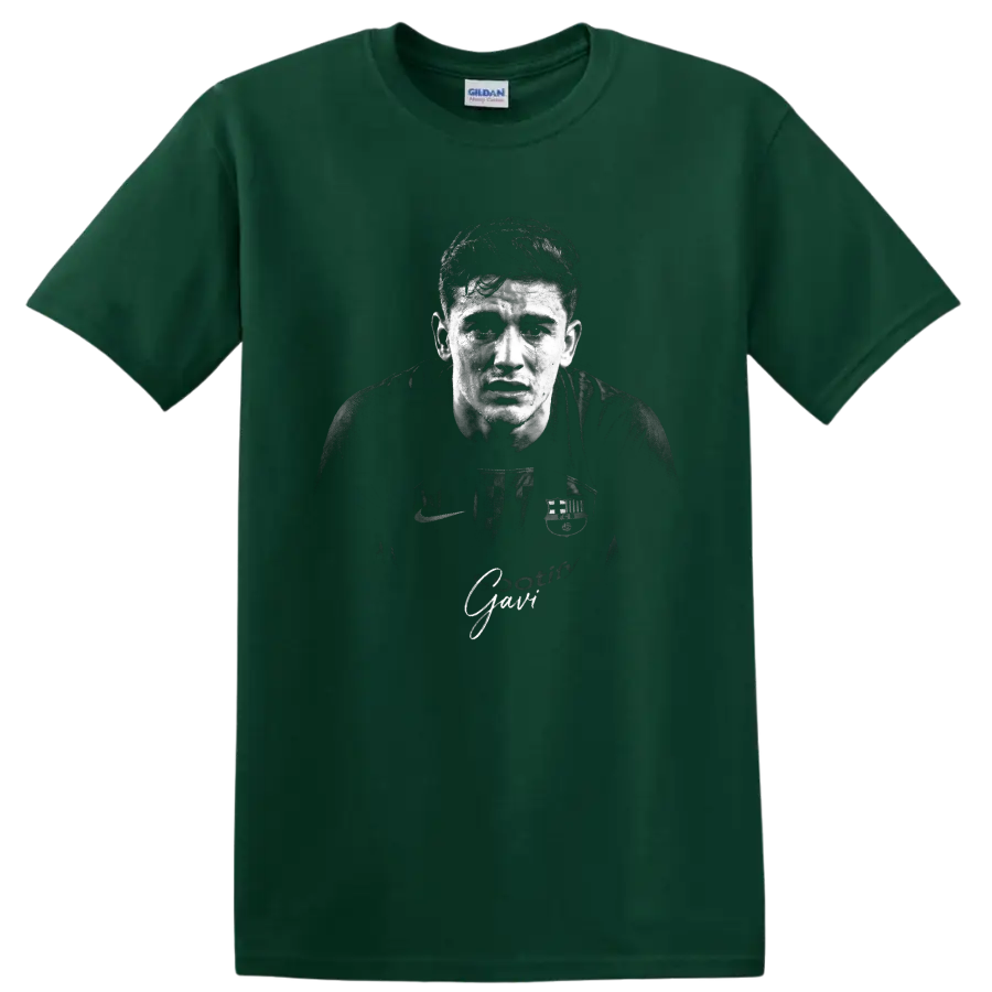 Pablo Gavi FC Barcelona black-and-white distressed soccer portrait with signature text on a Forest Green T Shirt