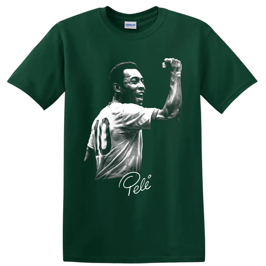 Black-and-white Pelé number 10 soccer portrait with raised fist and signature on a Forest Green T Shirt