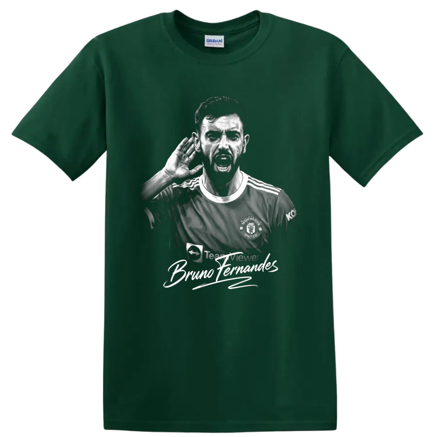 Bruno Fernandes monochrome soccer portrait with hand-to-ear pose and signature lettering on a Forest Green T Shirt