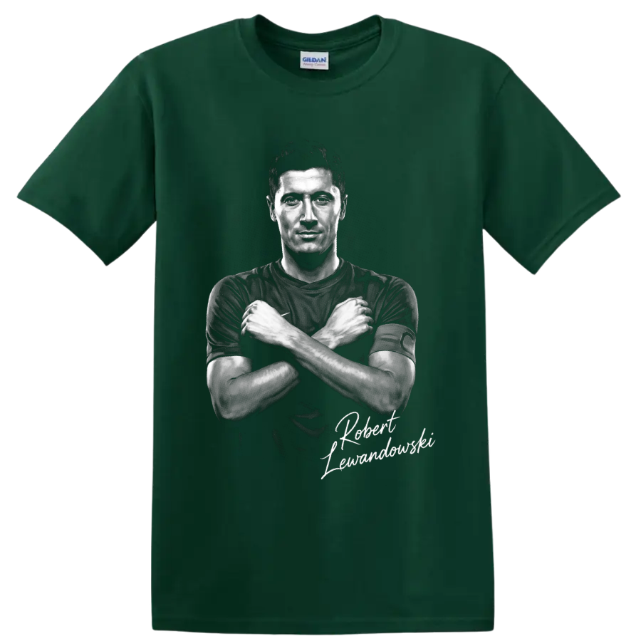 Robert Lewandowski crossed-arms grayscale soccer portrait with script signature on a Forest Green T Shirt