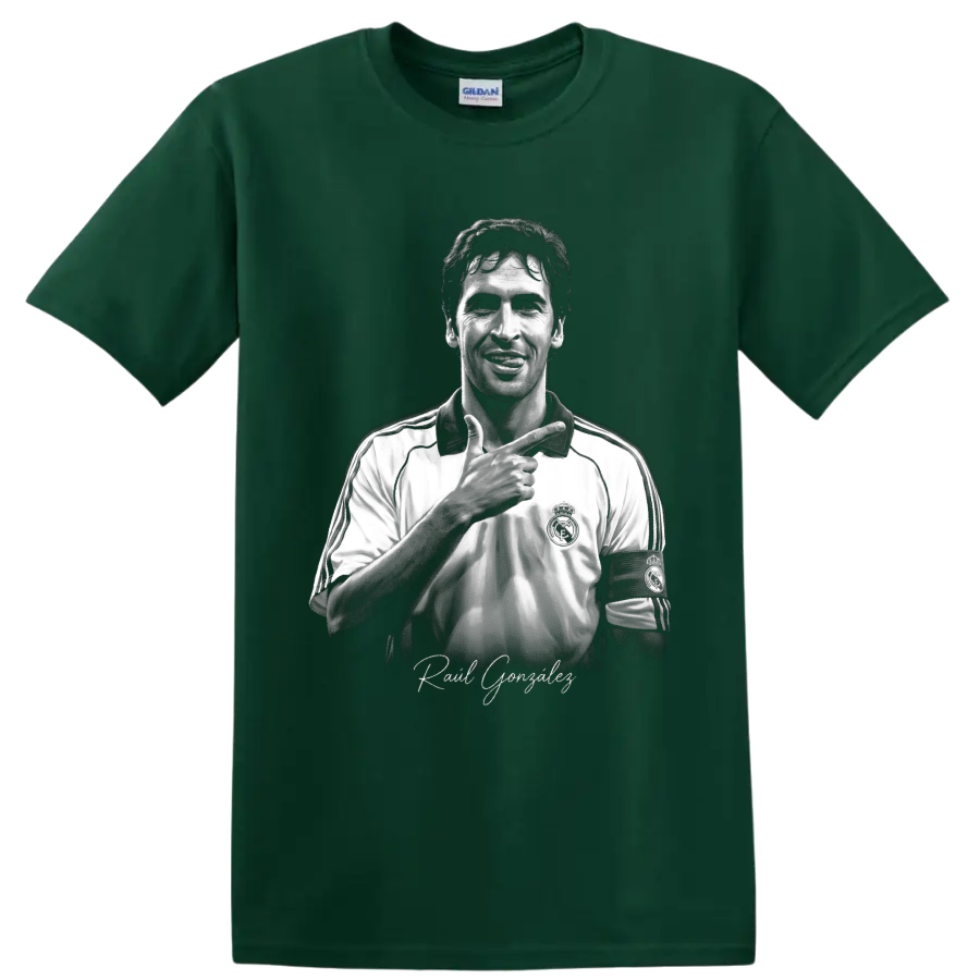 Raúl González grayscale Real Madrid captain portrait with signature-style lettering on a Forest Green T Shirt
