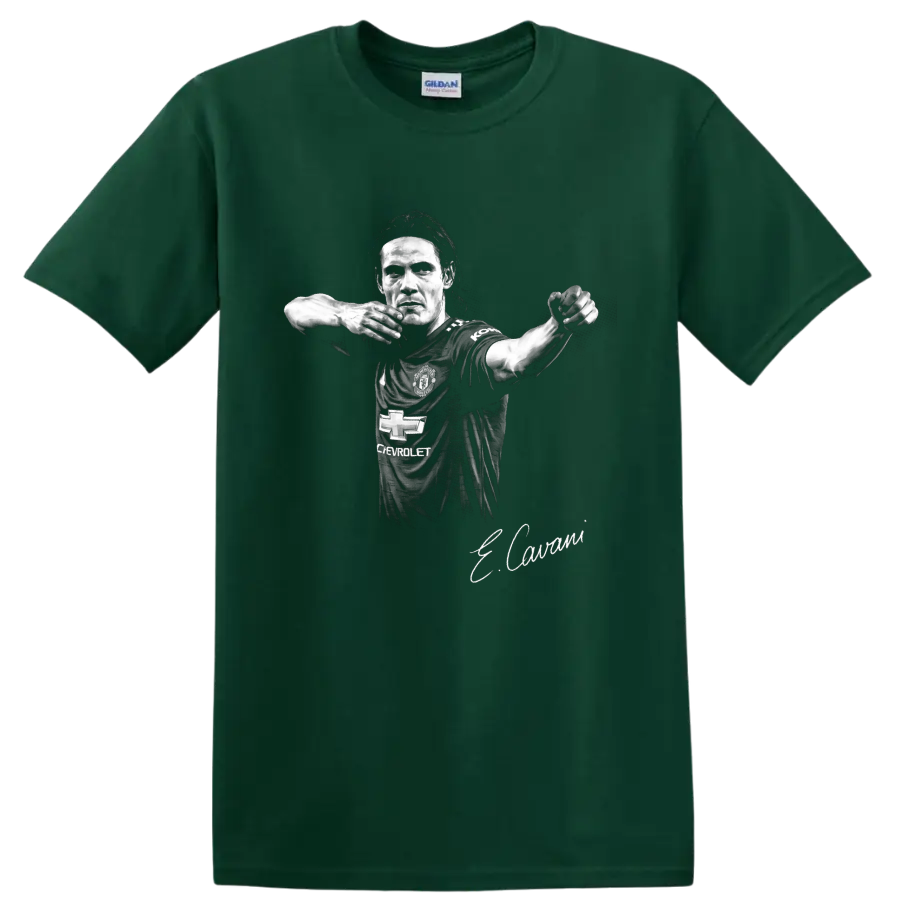 Edinson Cavani Manchester United soccer portrait in black-and-white illustrated style on a Forest Green T Shirt
