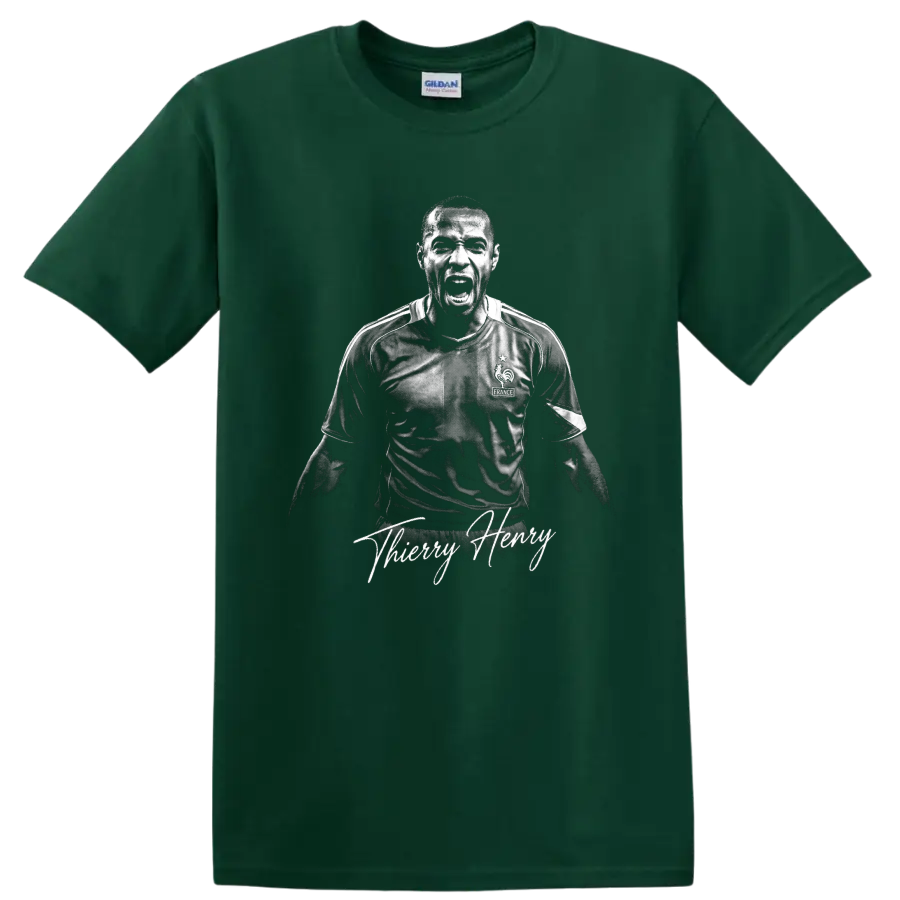 Thierry Henry France soccer celebration portrait with signature-style lettering on a Forest Green T Shirt